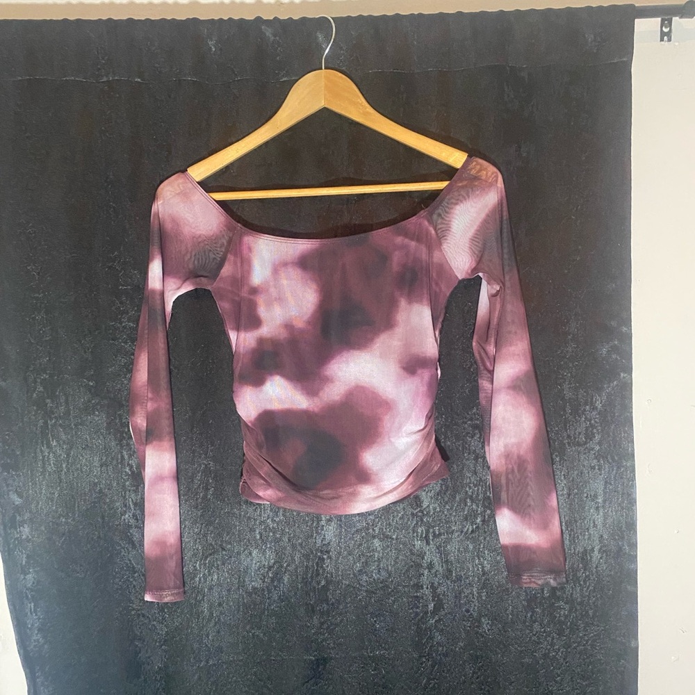 Ribbed Purple Tie-Dye Long Sleeve Top - Sheer Sleeved